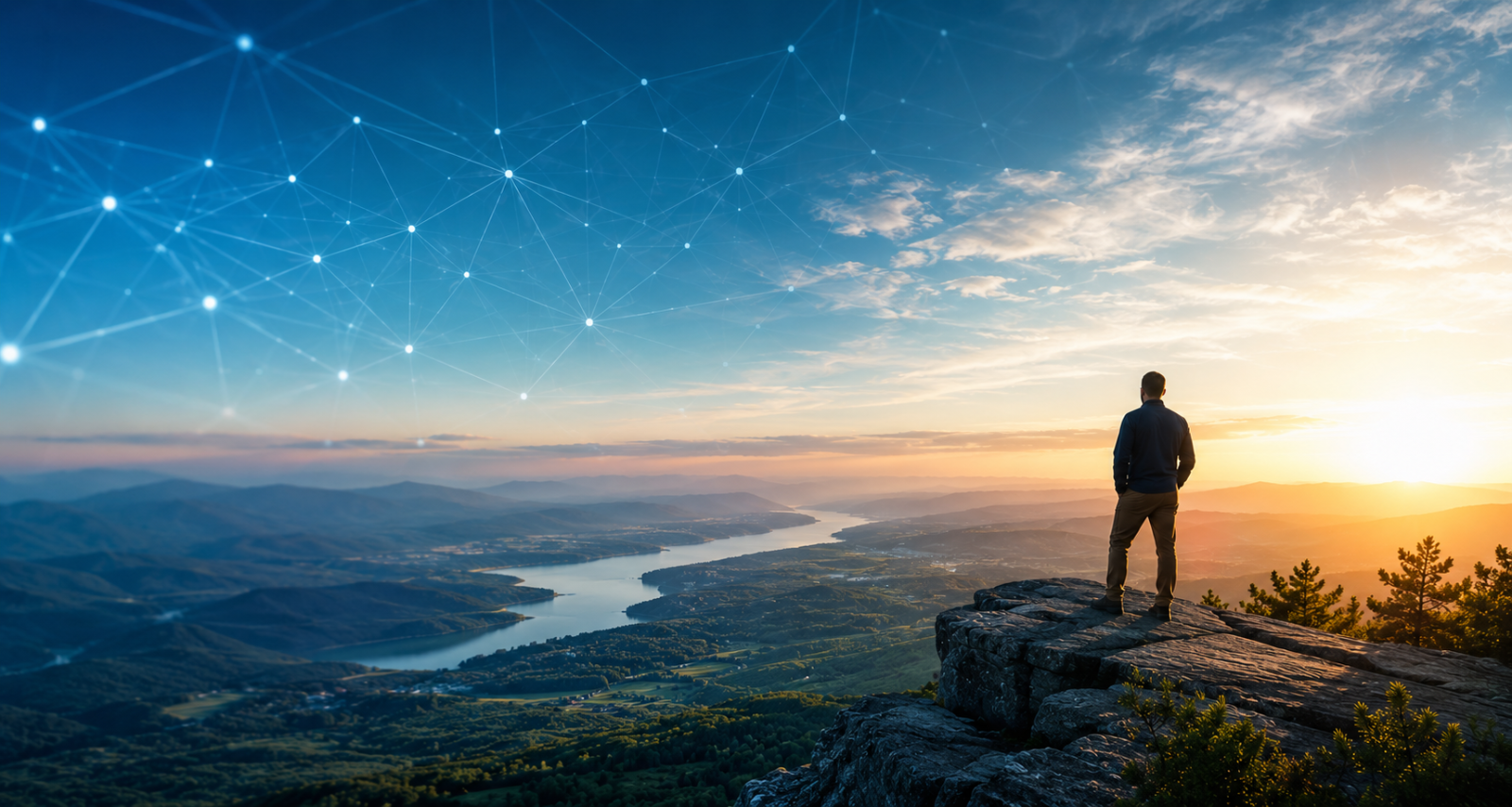 A person looking out over a Northwest Arkansas valley at sunrise